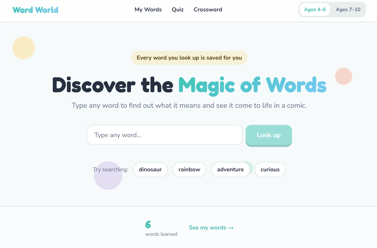 Word World home screen. A search box sits under the heading 'Discover the Magic of Words', with suggested words: dinosaur, rainbow, adventure, curious.