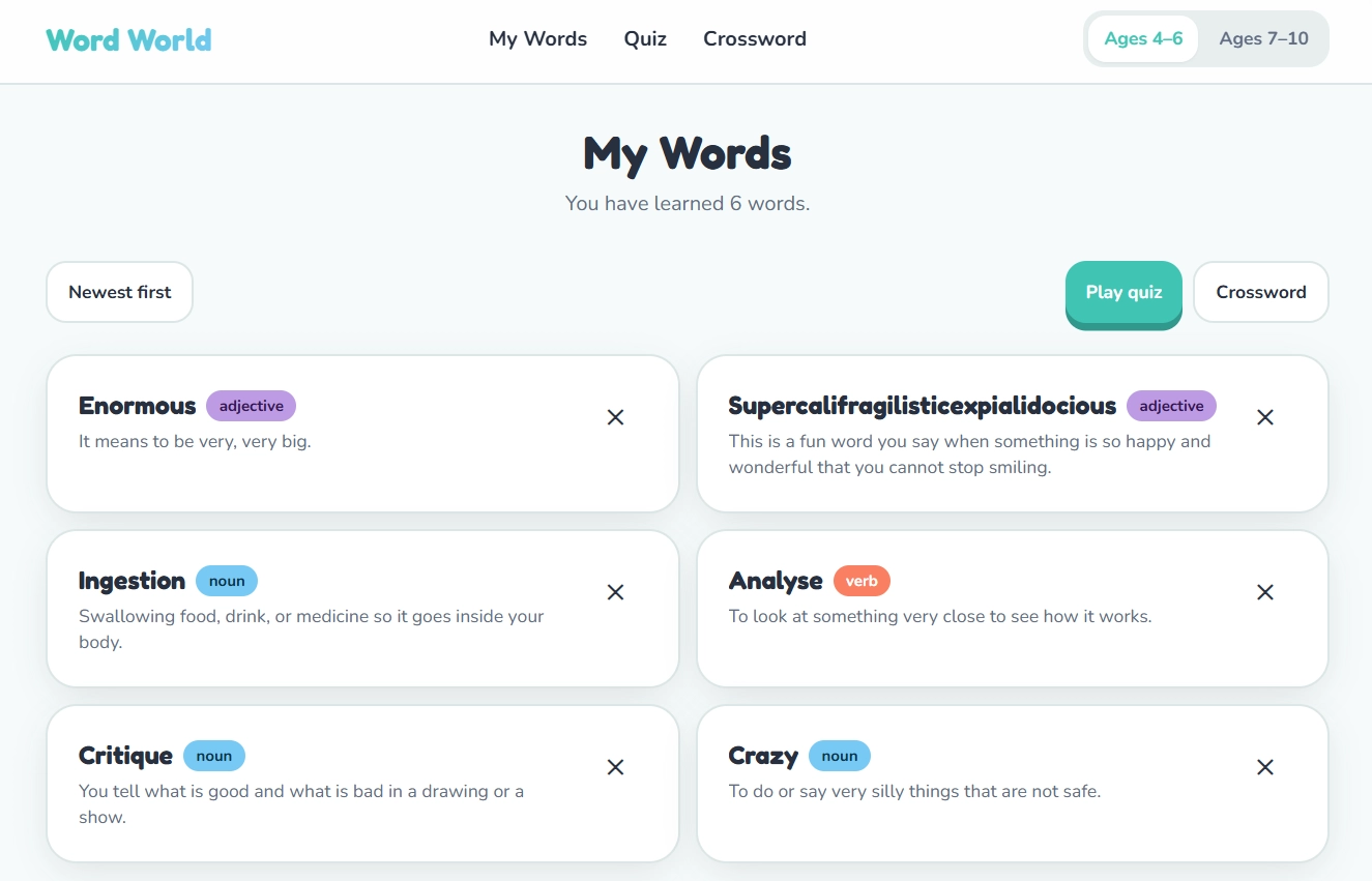 The My Words screen listing saved vocabulary as cards, each with a part-of-speech tag and a child-friendly definition.
