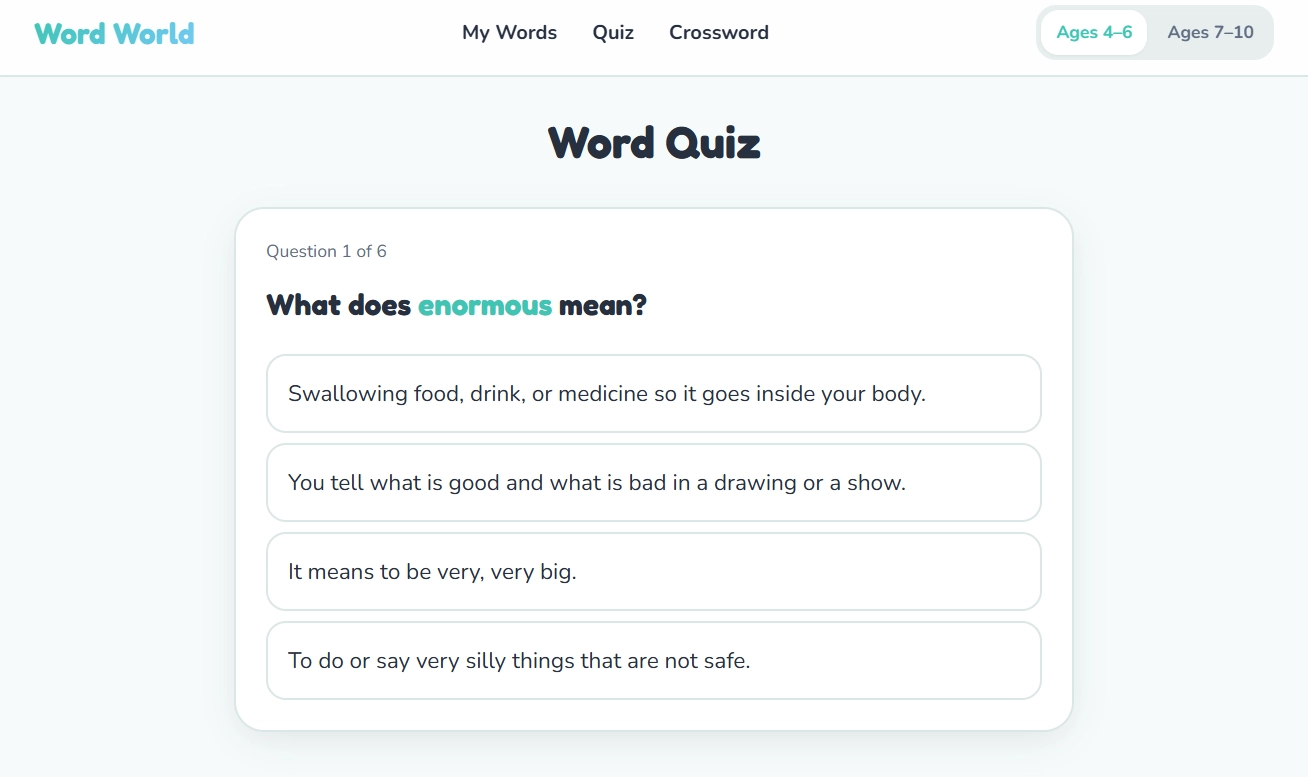 The Word Quiz screen asking 'What does enormous mean?' with four multiple-choice definitions.